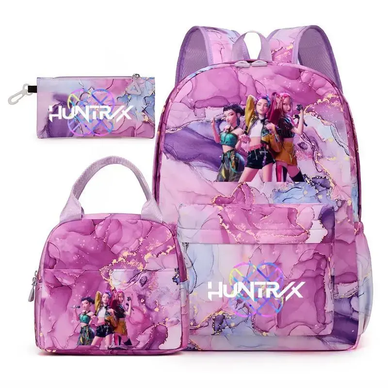 K-Pop 3-in-1 Backpack Collection | Back to School Essential. Bow Detail Nylon Backpack Set Containing Backpack, Lunch Bag & Pencil Case, Durable with Smooth Zippers for School and Trips