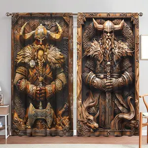 Vintage Warrior Pattern Door Curtain, 1 Set Norse Mythology Print Door Curtain, Home Decor for Living Room Bedroom Study Room