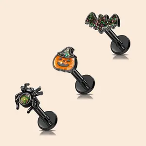 OUFER 16G 3PCS Funky Body Jewelry Set - Unique Halloween Glitter Finish Spider, Bat, Pumpkin Designs for Cartilage, Helix Ear Piercings - Trick-or-Treat Costume Accessories Value Pack