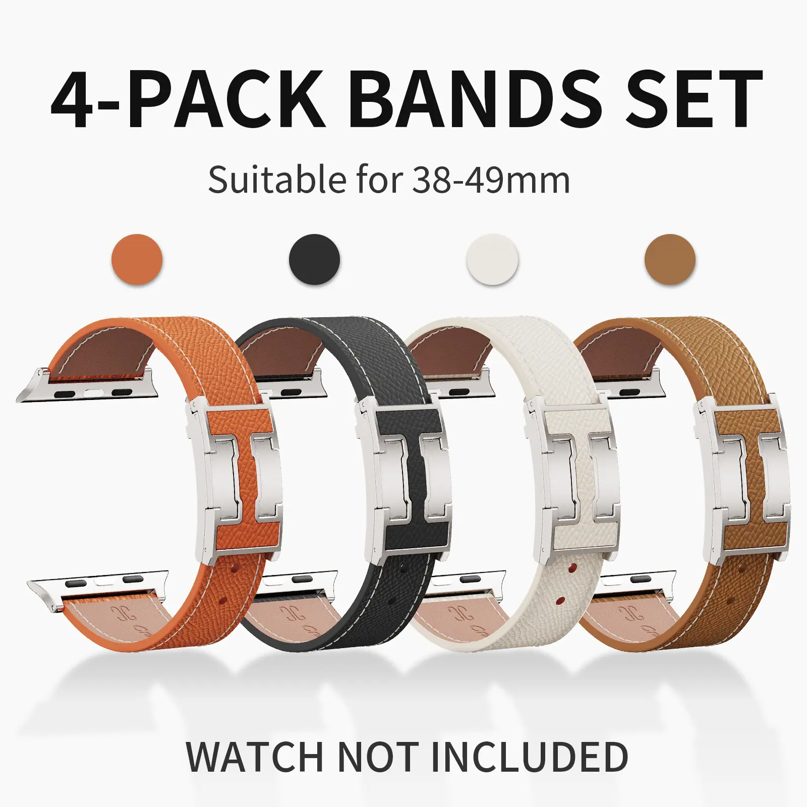 CRAZYGRASS 4‑Pack Embossed‑Grain Leather Watch Bands, Magnetic‑Folding Metal Clasp Replacement Wristbands Suitable for Apple Watch Series 11 10 9 8 7 6 5 4 3 2 1 SE SE2 Ultra 2,38mm 40mm 41mm 42mm 44mm 45mm 46mm 49mm Multi‑Color Set [WATCH NOT INCLUDED]