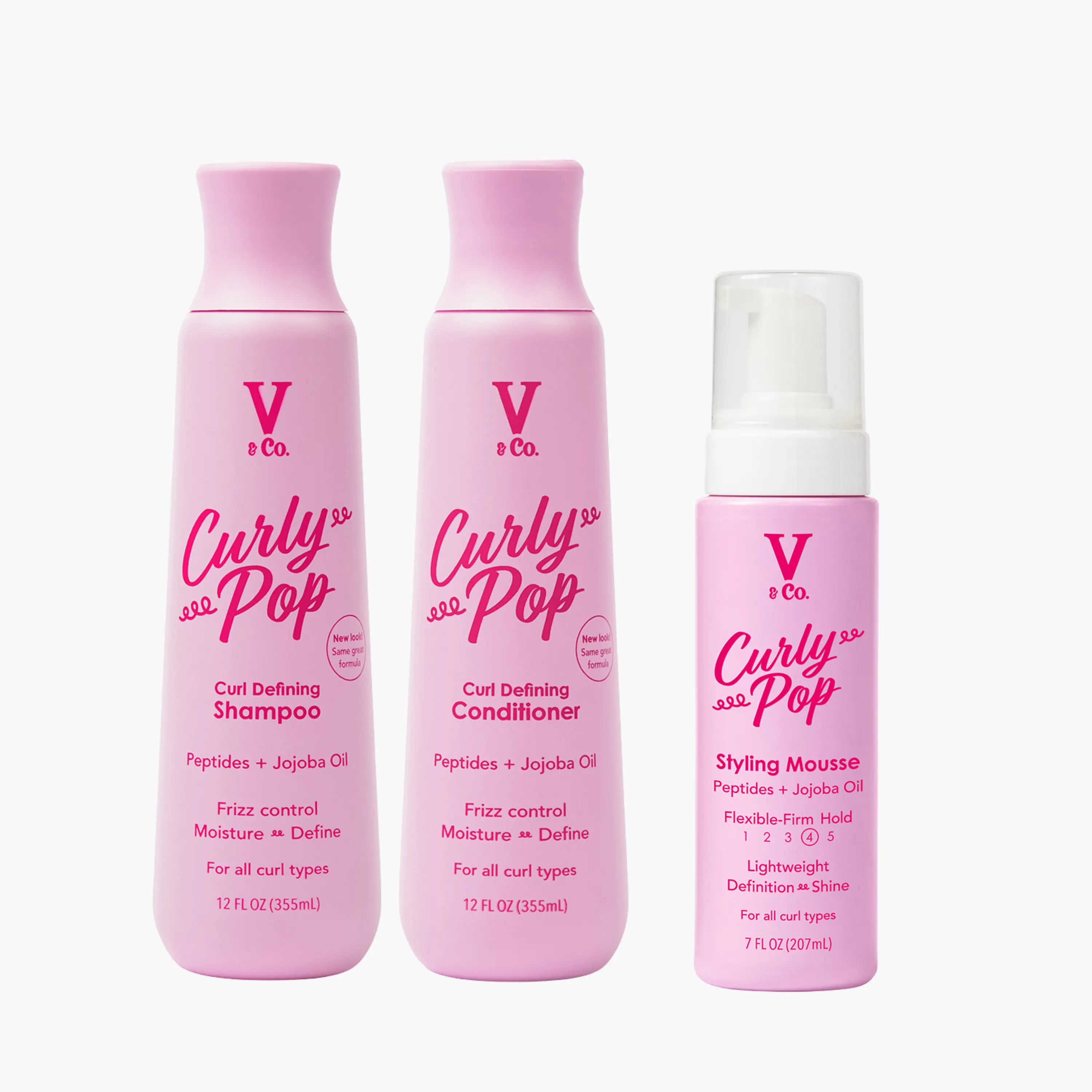 V&Co. Beauty Curly Hair Shampoo, Conditioner Mousse Set with Peptide Technology, Enhances Curl Definition, Sulfate Free Conditioner and Shampoo for Naturally Curly Hair, Gentle, Color Safe