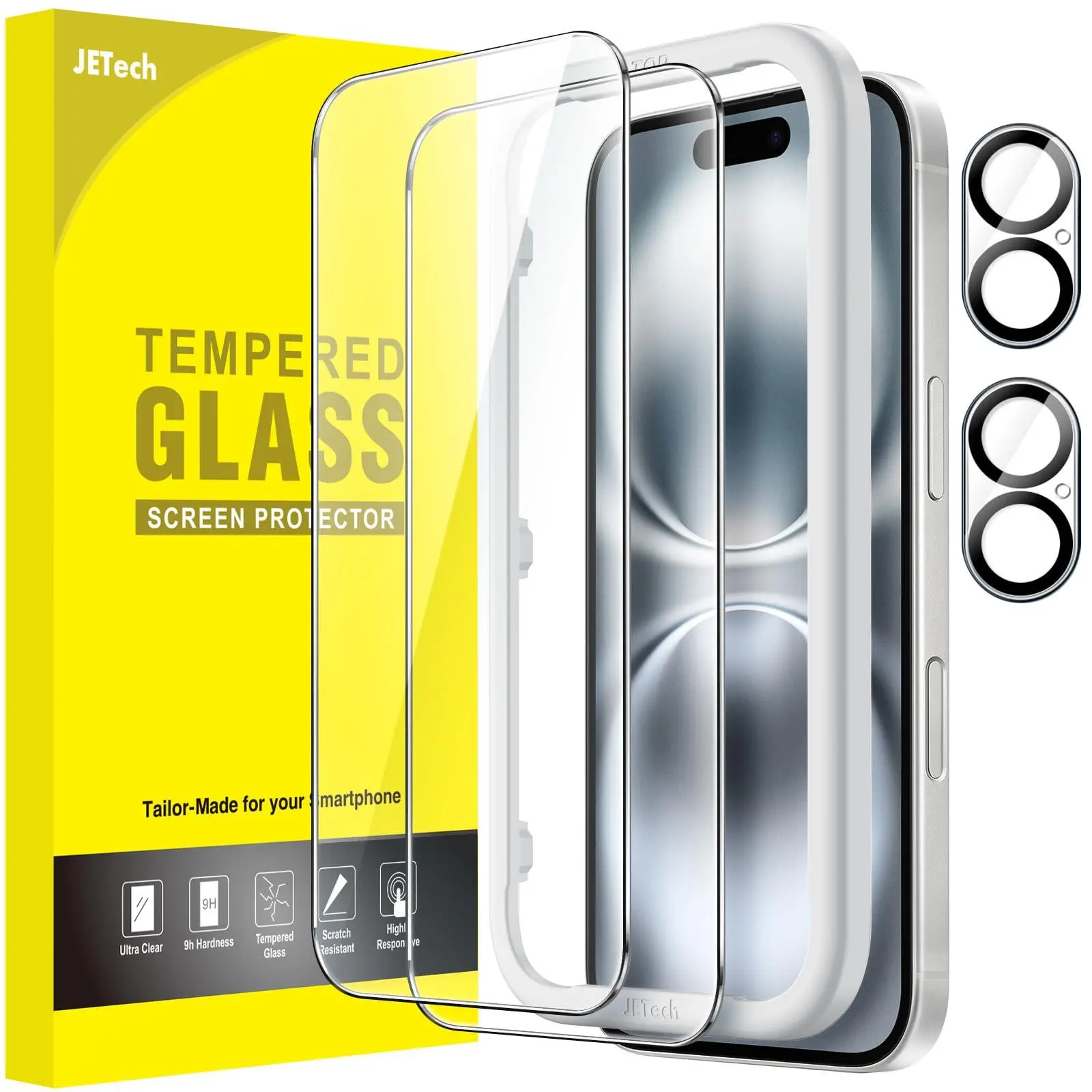 JETech Tempered Glass Screen Protector with Camera Lens Protector for iPhone 16 Series Smartphones, Handheld Cellphone Devices, 2-Pack, Easy Installation Tool, HD Protective Film