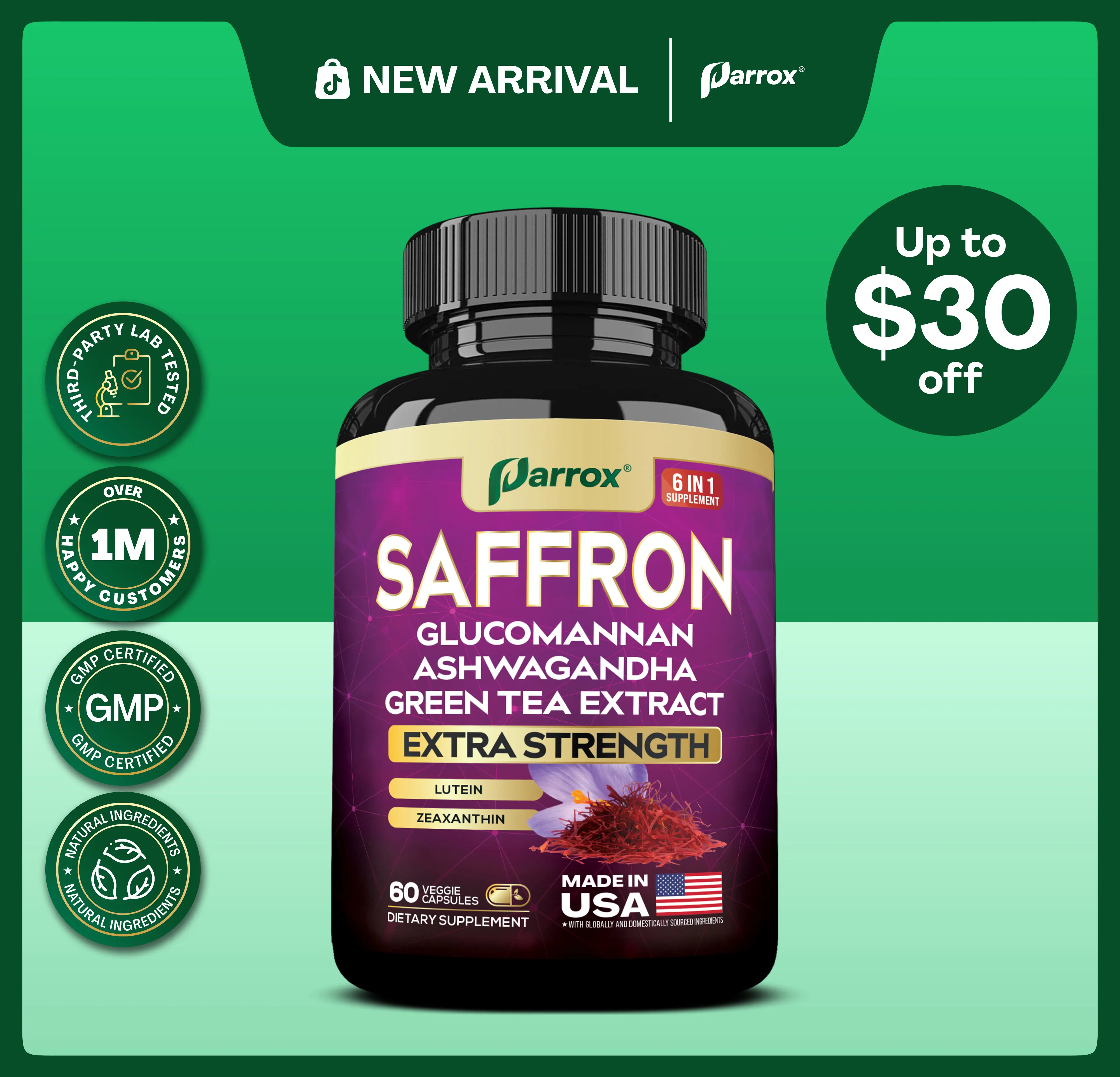 Parrox Saffron (6 in 1) Dietary Supplement - Mood, Vision & Wellness Support with Glucomannan, Ashwagandha, Lutein & Antioxidants - 60 Capsules - Made in USA
