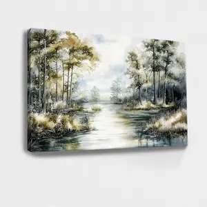 Cypress Trees in a Louisiana Swamp canvas wall art, Muted natural landscape painting, Swamp forest print Fall wall decor Housewarming gift, Wooden Framed Wall Art, Wrapped Canvas Vintage Prints Poster - Framed, Horizontal Room Decoration Artwork Ornaments