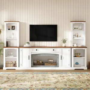 Bellemave 3-Piece TV Stand Set, Large Rustic Farmhouse Entertainment Center with Curved Edges Side Cabinets, Bookshelves, Adjustable Shelves & Walnut Sideboard Drawer, Anti-Tip Devices, Requires Assembly, Supports 70" TVs for Living Room, Entertainment Tv