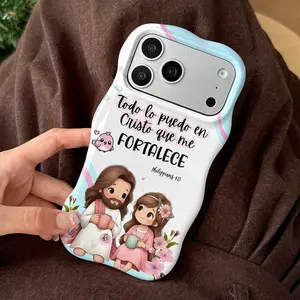 Christian Spanish Quote Philippians 4:13 Phone Case ,Cute Wavy Curved Edge Glossy Protective Shockproof Rugged Cover, Dual Layer Soft TPU Bumper Hard Shell Design for iPhone 11 12 13 14 15 16 17 Pro Max Air, Religious