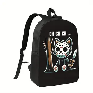 Hockey Mask Killer Cat Backpack - Funny Horror-themed Backpack with Knife, High Quality School Bag, Adjustable Shoulder Straps, Lightweight Daypack for Halloween, Parties, Everyday Use - Cute Friday the 13th Jason Parody Purse for Women & Men, Halloween