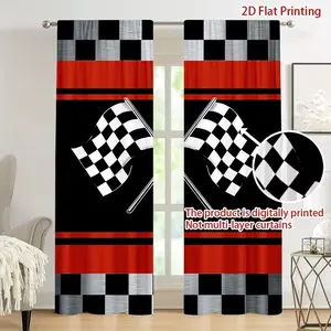 2-Pack Checkered Flag and Racing Design Semi-Blackout Curtains, Window Curtain - Modern Style, Semi-Transparent, Machine Washable, Rod Pocket, Suitable for Bedrooms and Various Room Types, Seasonal Decor, Perfect for Living Room Curtains