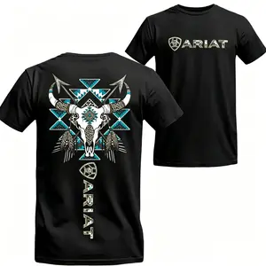 Ariat Tribal Skull T-Shirt – Western Bull Skull & Feathers Graphic with Blue Aztec Patterns – Unisex Tee for Country Style &