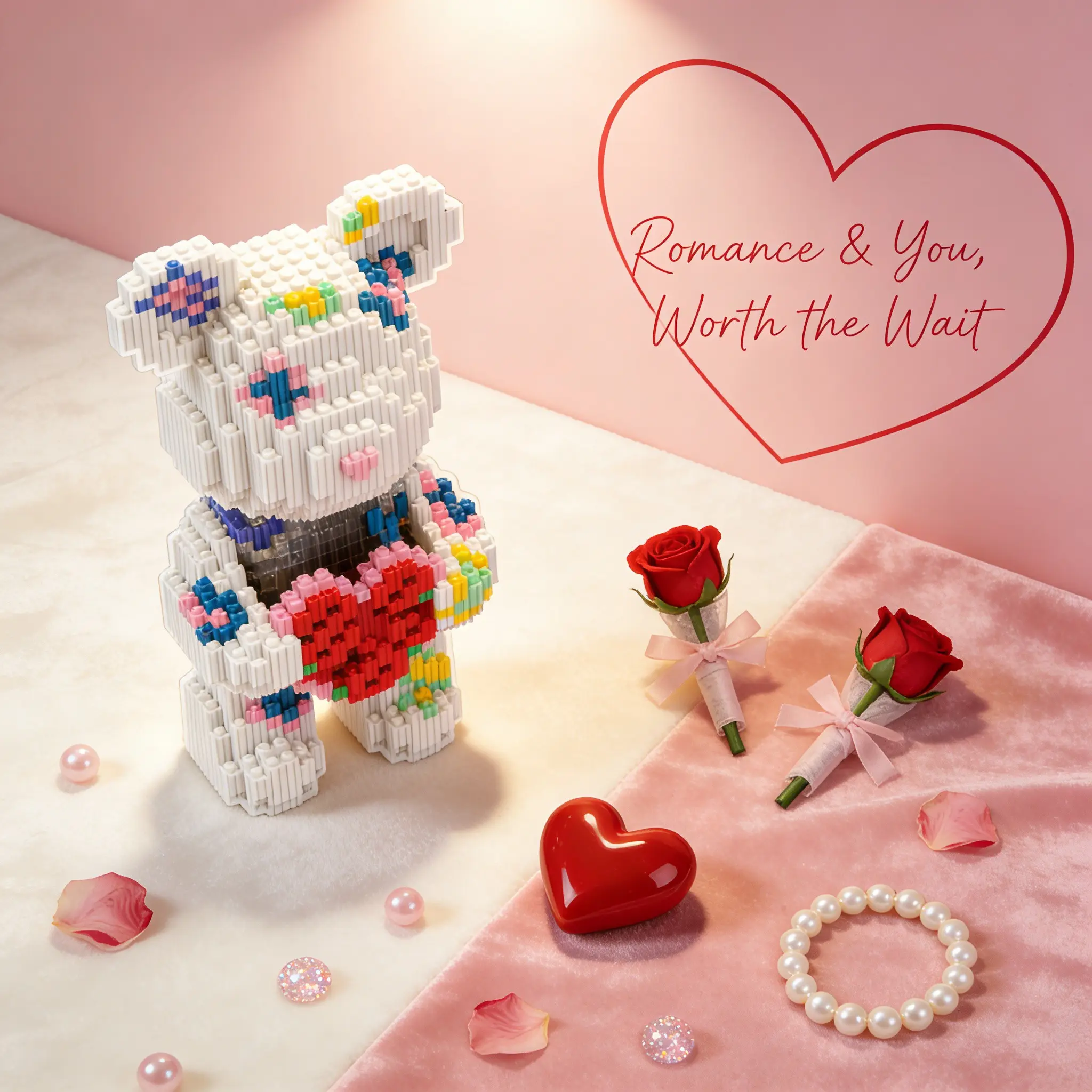 Valentine's Day Heart Bear 3D Puzzle Building Blocks Decoration, Home Office Shelf Decor, Party Tabletop Display, Perfect Gift