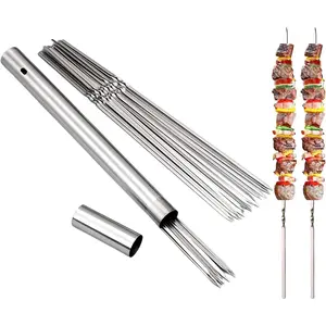 304 Stainless Steel 13.2" Long Flat Barbecue Skewers,20PCS/40PCS BBQ Kebab Skewers with Portable Metal Storage Tube, for Grilling Barbecue Kitchen Party and Outdoor Cooking (20PCS)