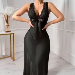 Black lace-trimmed sheer mesh long lingerie dress — nightdress with a front bow waist cincher that helps you enjoy a captivating evening