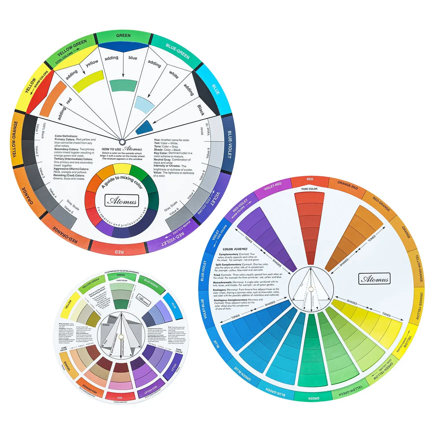 Mcbazel 3-Piece Color Wheel Set - Dual-Sided Durable Blending Guide, 3 Sizes, Smooth Laminated, Water & Paint Stain Resistant Art Supply for Teachers, Makeup Artists & Advanced Color Relationships Learning, Large