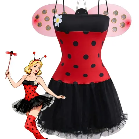 RETRO STAGE Women's 1960s Red High-Stretch Miraculous Ladybug Cosplay Costume Set - Above-Knee, Back Concealed Zipper, Includes Dress,Socks,Wings,Hairband - For Cosplay Events,Party Use - Cosplayer Clothes,Women's Clothes,Theatrical/Cartoon BackToSchool
