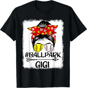 Messy Bun Hair BallPark Gigi Softball Baseball Mother's Day T-Shirt
