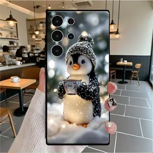 Penguin snow and hot tea pattern, drop-proof and non-slip TPU full-coverage camera phone case, compatible with Samsung S25, S24, S23, S22, S21, Ultra Plus FE, A14, 15, 16, 35 series and other models. Makes a great gift for friends or family.