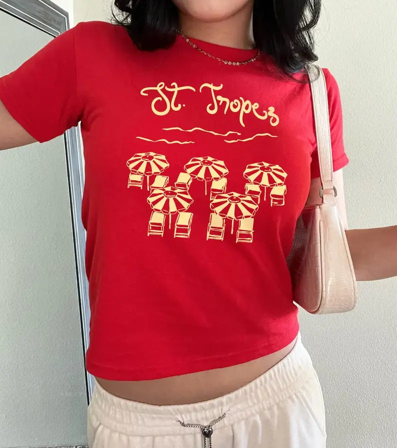 St. Tropez Beach Club Baby Tee French Riviera Baby Tee, European Summer Shirt, Coastal Aesthetic Top, Trendy Y2K Tee, Cute Summer Top