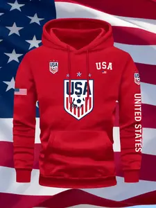 Men's Fall Winter Trendy American Football Print Hoodie, Casual Fitted Hooded Sweatshirt, Drawstring Pocket Design, Usa Team Football Jacket, Geometric