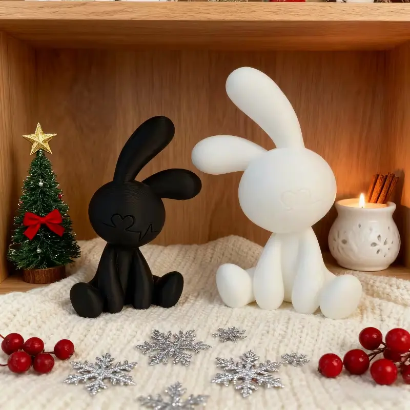 2Pcs Black & White Bunny Figurine Set, Cute Rabbit Statue for Home Office Decor, Minimalist Small Animal Ornament for Shelf Display Fathers Day Gift For Dad