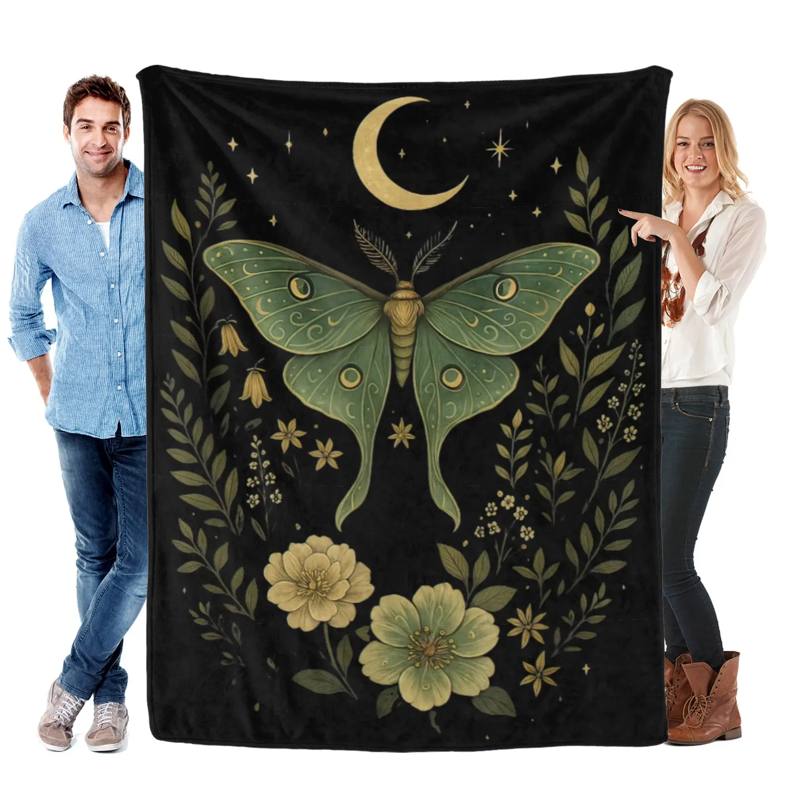Cottagecore Luna Moth Blanket with Vintage Grunge Floral Print, Super Soft Plush Flannel Throw for Bed & Couch, Warm All-Season Home Decor Gift