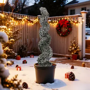 3ft or 4ft Snow Flocked Spiral Topiary Trees Artificial Outdoor Set of 2, Fake Cedar Trees for Front Porch Outdoor Christmas Decor, Faux Winter Plants for Indoor or Covered Outside Display