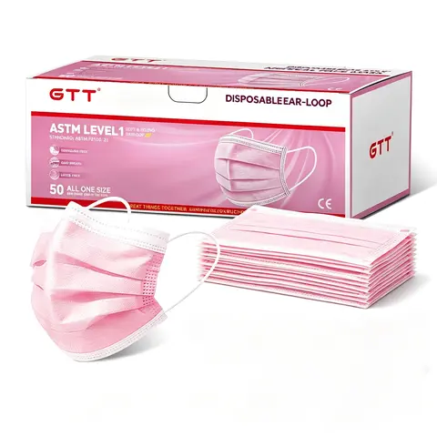 GTT Disposable 3 Ply Face Masks ASTM Level 1, 50PCS Per Box Breathable Latex-Free Earloop Disposable Medical Grade Mask for Daily Protection, Dust & Pollen Block,  Blue/Pink/White/Black