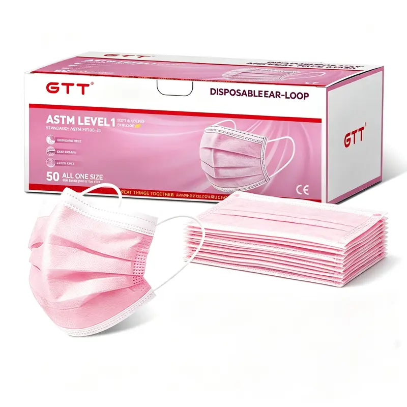 GTT Disposable 3 Ply Face Masks ASTM Level 1, 50PCS Per Box Breathable Latex-Free Earloop Disposable Medical Grade Mask for Daily Protection, Dust & Pollen Block,  Blue/Pink/White/Black