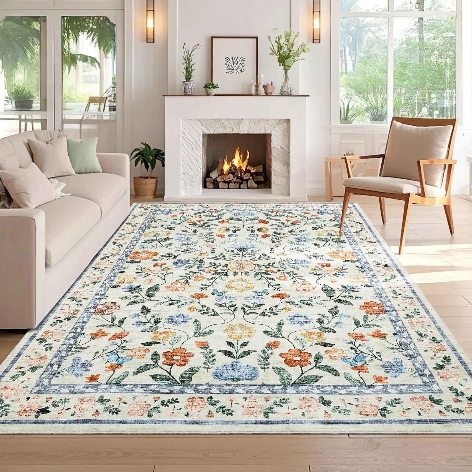 Washable Floral Living Room Rugs, Indoor Farmhouse Soft Non Slip Area Rug for Bedroom Girls Room, Oriental Accent Low Pile Vintage Carpet Rug for Nursery Dining Room