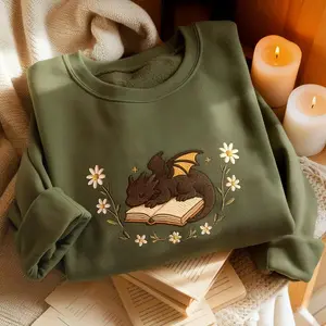 Dragon Book Embroidered Sweatshirt, Fantasy Book Reader Sweatshirt, Cottagecore Sweater, Book Addicted Shirt, Dragon Shirt, Bookworm Shirt