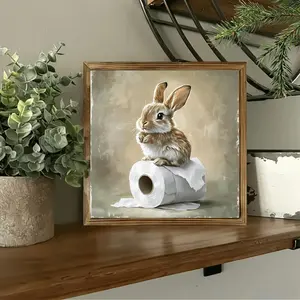 [Vintage Appeal] Charming Country Style Wooden Rabbit Toilet Paper Holder Art Sign - 8x8 Inch Cute Bunny Wall Decor for Bathrooms, Cafes & Shops - Polished Finish, No Electricity Needed, Solid Wood Frame, Easy Installation, Funny Bathroom Decor