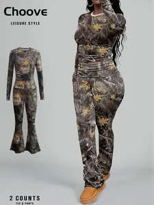 Women's All Over Print Crop Top & Skinny Pants Two-piece Set, Casual Fashion Cozy Breathable Two Piece Outfits for Daily Outdoor Wear, Ladies Clothes for All Seasons, Womenswear