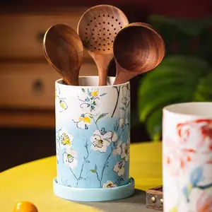 Ceramic Chopstick Holder with Drain Base, Vintage Kitchen Utensil Storage Rack, Organize Cutlery, Spoons, Forks, Kitchenware