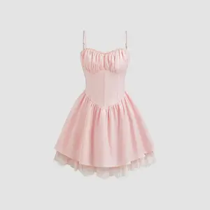 Cider Satin Corset Lace Ruffle Layered Cami Mini Dress