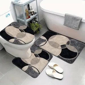 Modern Art Circular Cross Bathroom Mat Set, Four-Color Abstract Absorbent Non-Slip 3 Piece Toilet Lid Cover U-Shaped Floor Rug Bathroom Supplies