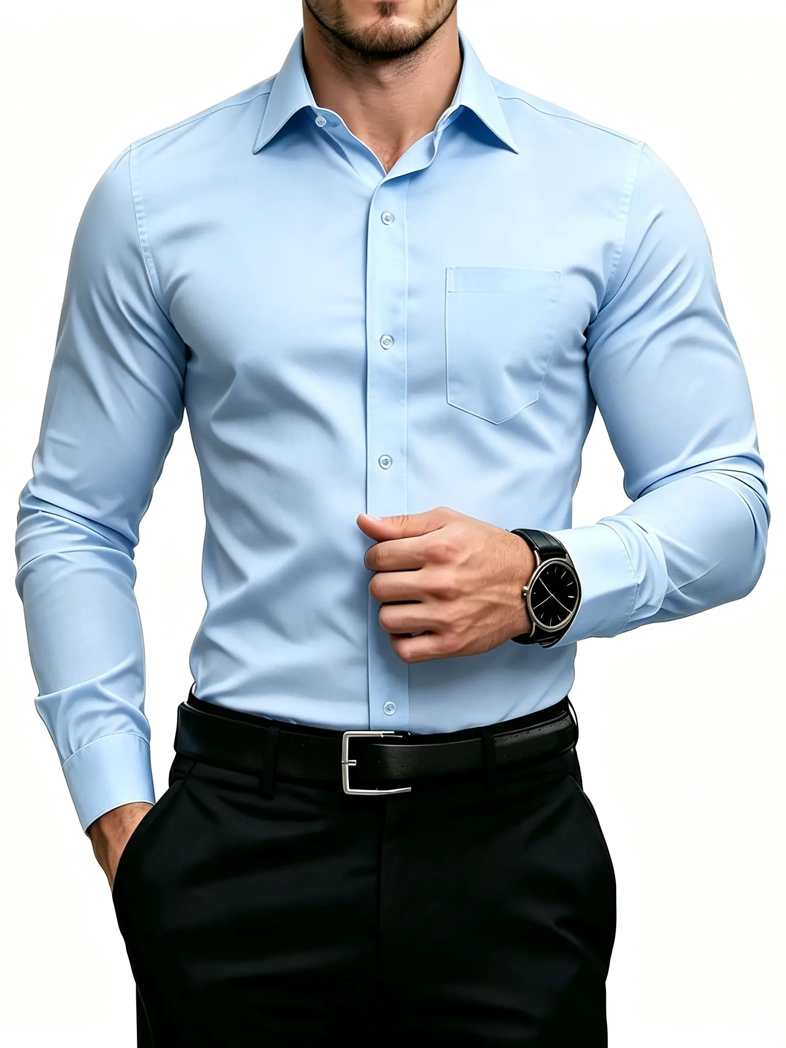 Men’s slim-fit long-sleeve dress shirt, light blue stretch wrinkle-free button-down shirts with chest pocket, formal business office work shirts for men