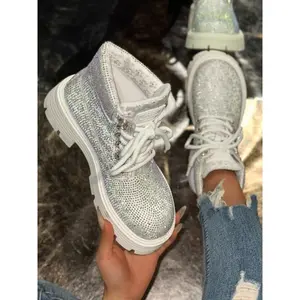 Dreamlike Sparkle Boots with Rhinestones, Thick Sole Boots, Sweet Cool Design, Casual Textile Shoes for All Seasons