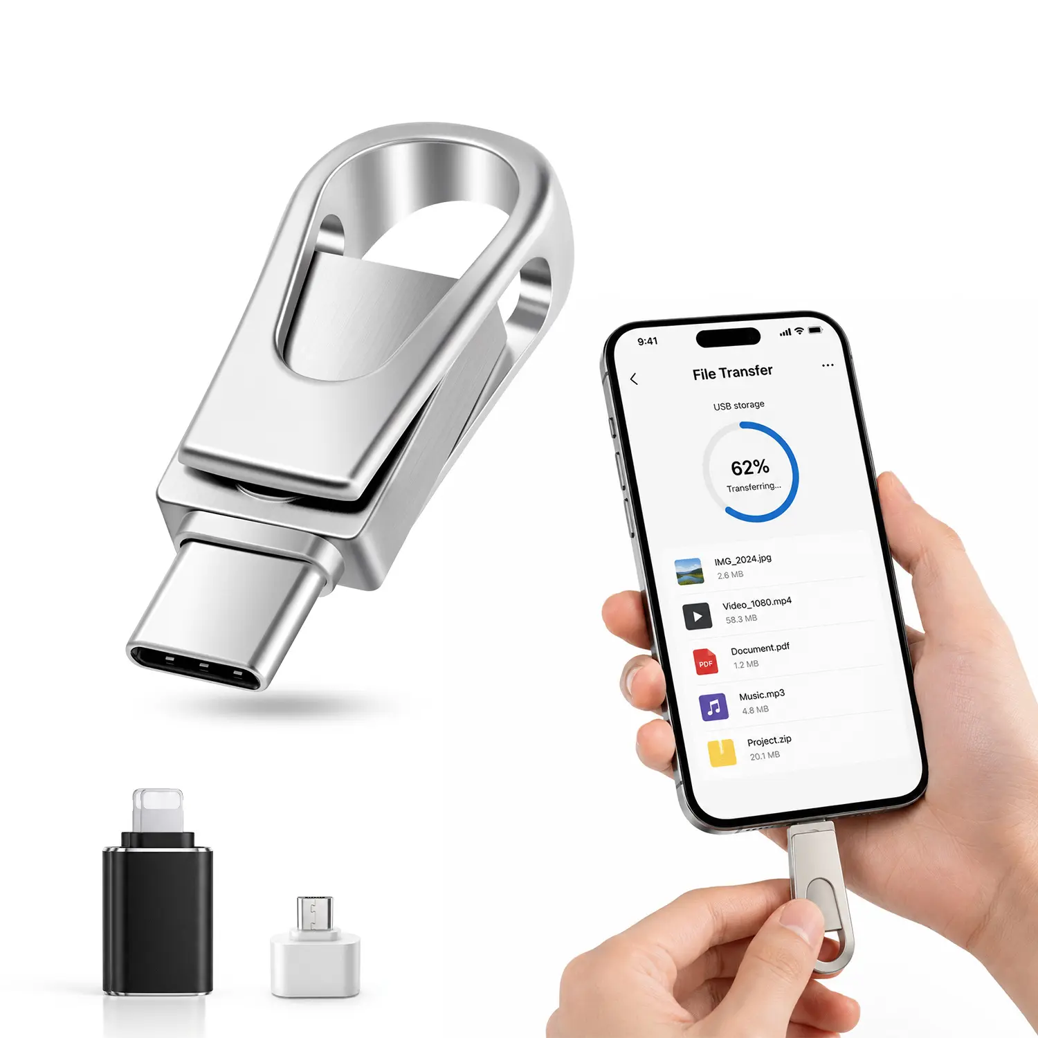 USB 3.0 Flash Drive 4-in-1 OTG Memory Stick with 64GB/128GB/256GB, USB-C & USB-A Thumb Drive with Lightning & Micro USB Adapters, Portable Keychain Data Storage for iPhone, Android, PC, Laptop & Tablet