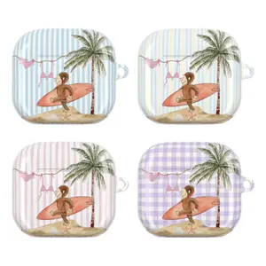 Cute Curious George Summer Beach AirPods Case for AirPods 1 2 3 4, AirPods Pro 1 2 3, Palm Tree Surf Aesthetic Striped Earbuds Cover Vacation Vibes