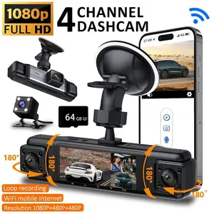 Dash Cam Front and Rear 360° View, 4 Channel Car Camera 1080P Inside Left Right, 5G WiFi Night Vision, for Drivers Car Security Parking Monitor, Dash Camera for Cars Wireless 64GB Card