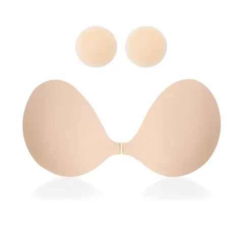 Women's Strapless Adhesive Push-Up Sticky Bra - Bare Silicone, Front Button, Reusable, Soft, Smooth, Invisible Nipple Covers, Hand Washable, All Seasons, Casual, Cocktail & Backless Evening Dress Compatible