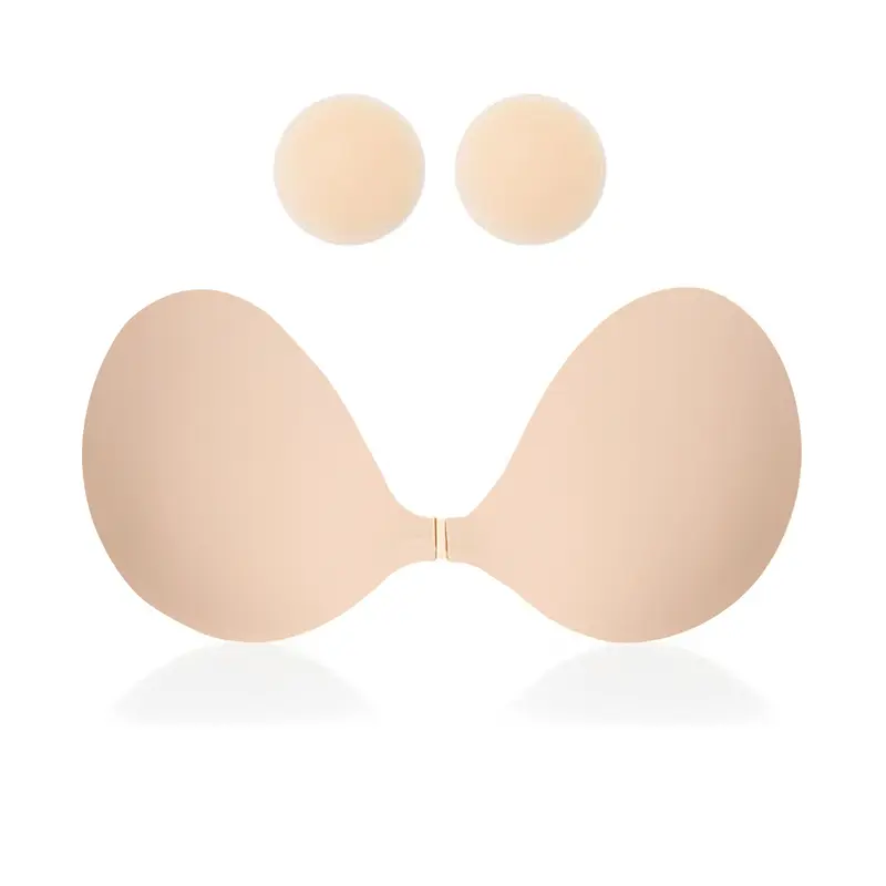 Women's Strapless Adhesive Push-Up Sticky Bra - Bare Silicone, Front Button, Reusable, Soft, Smooth, Invisible Nipple Covers, Hand Washable, All Seasons, Casual, Cocktail & Backless Evening Dress Compatible