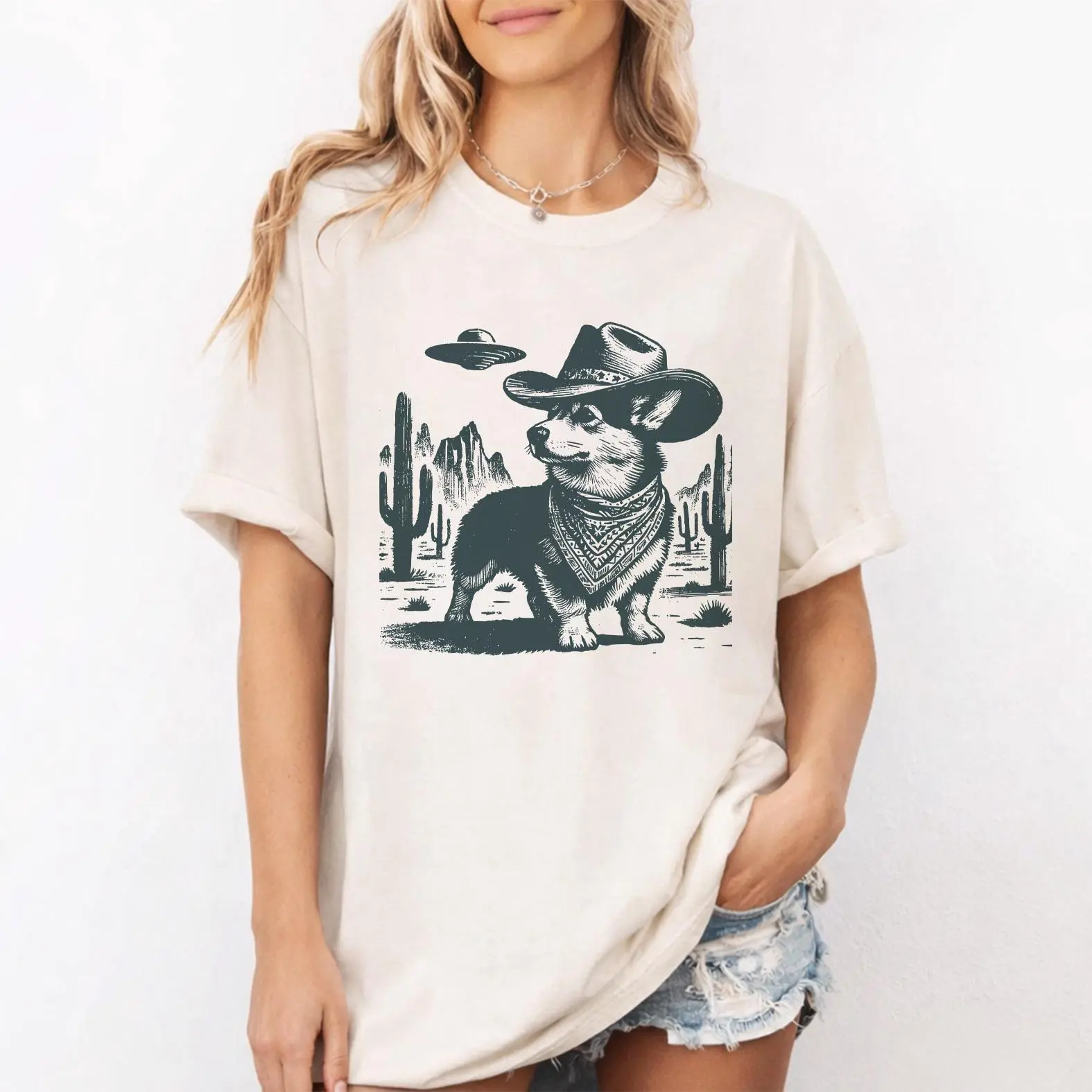 Comfort Colors Cowboy Corgi Shirt, Western UFO Corgi Dog Graphic Tee, Gift for Corgi Lovers