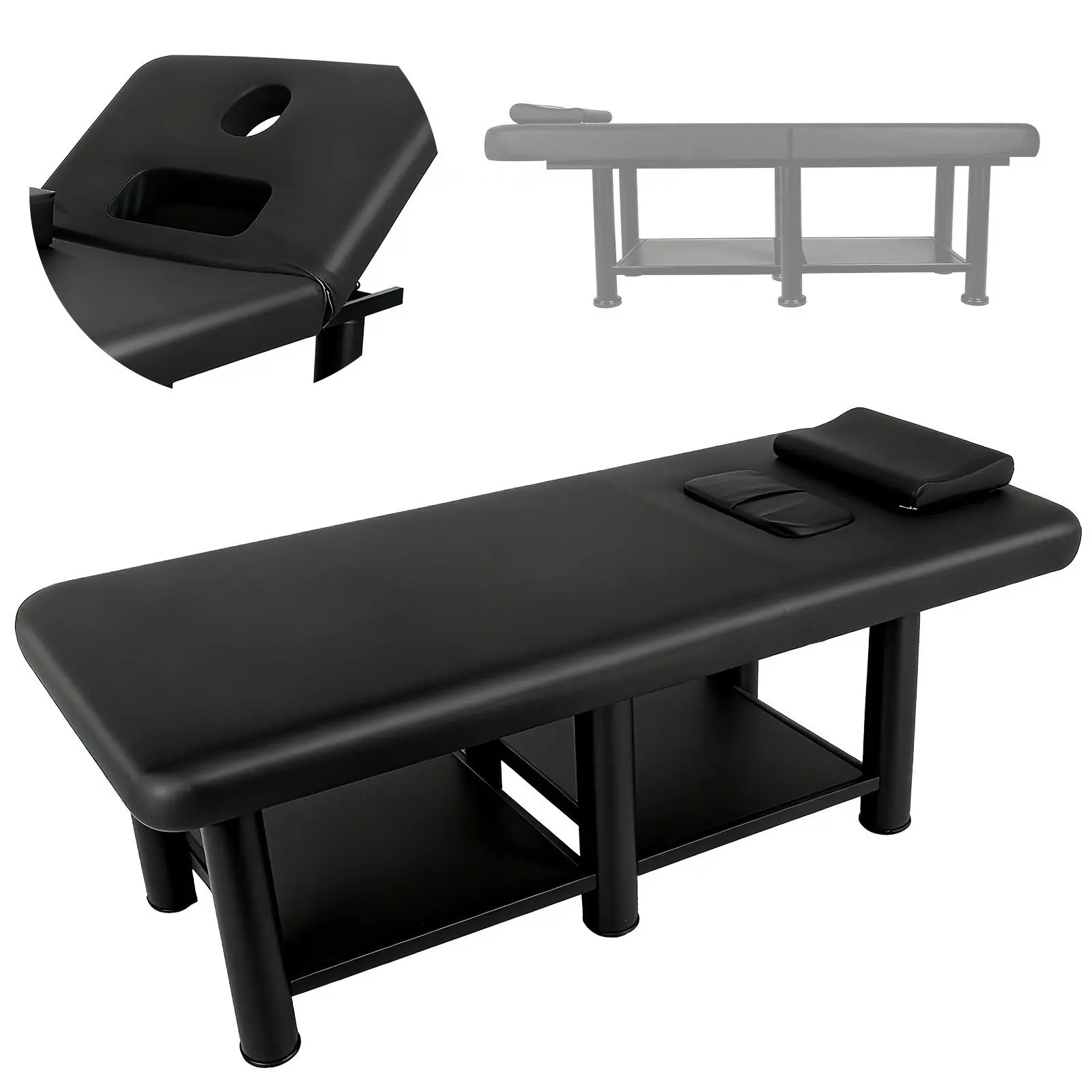 Sturdy Waterproof Massage Bed - 1150 lbs Heavy-Duty Stationary Table, 31.5"x75" Extra-Wide Adjustable Design with Backrest, Ergonomic Pillow, Storage Shelves, PU Leather for Physical Therapy, Facial Care Pros (Black)
