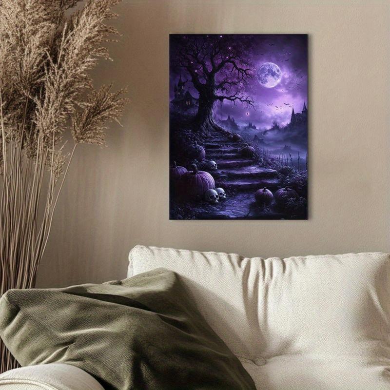 Frameless Gothic Tree and Moon Halloween Canvas Art Poster, Black Purple Sky , Exquisite Decorative Mural for Living Room, Bedroom, Corridor, Office - Ideal Gift for Friends Ornaments Decoration Wall Artistic