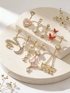 Women's Belly Ring Set, Y2K Snake Butterfly Heart Zirconia Pendant, Long Body Piercing Jewelry for Beach Vacation Parties & Festive