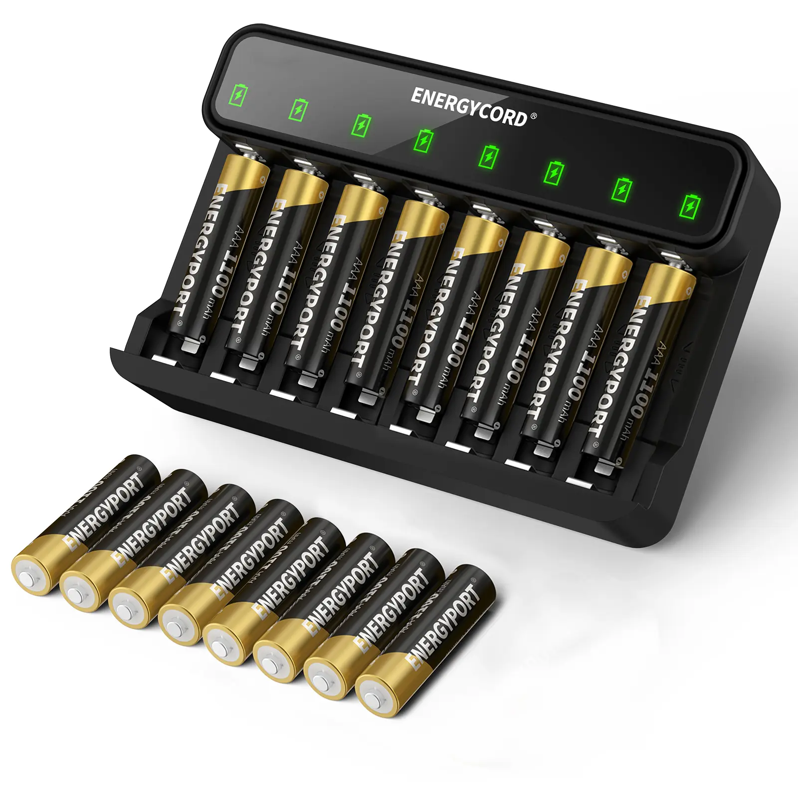 ENERGYPORT  16 Pack Rechargeable AAA Batteries with 8-Bay Charger, 1100mAh NiMH, 1.2V, Recharge up to 1200x Times, Triple A Batteries for Remote Cordless Phone