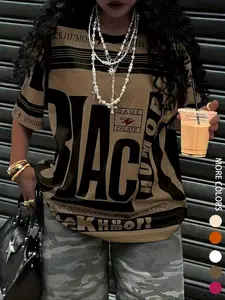 Women's Letter Print Round Neck Fitted Tee, Fashion Casual Crew Neck T-shirt for Daily Holiday Vacation Outdoor Wear, Ladies Clothes for Summer, Top