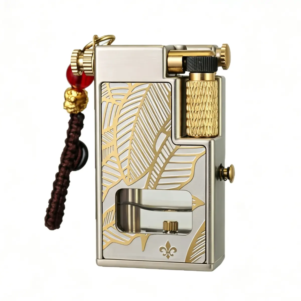 Vintage 2-Tone Brass Kerosene Lighter with Carved Gold Leaf, Wheel, Visible Fuel Window, 0.18kg Pocket Carry Compact Collectible for Men, Refillable Camp Kitchen Gear for Outdoor Camping, Decorative Gift