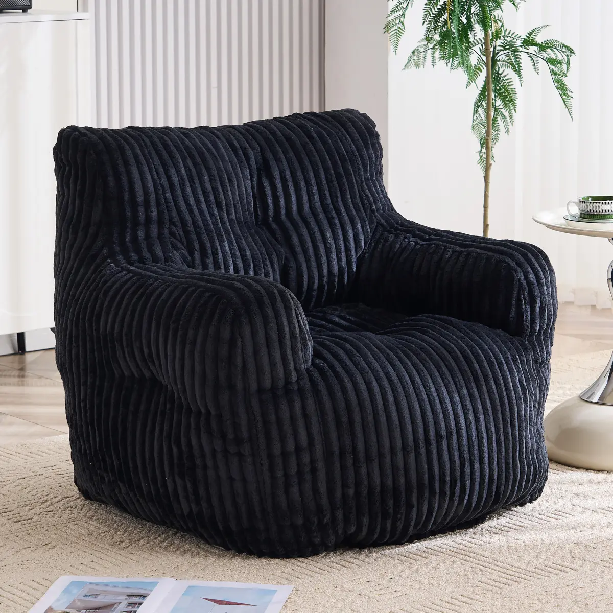 Black Soft Fluffy Corduroy 1-Person Bean Bag Chair - Fixed Arms, Polyester Foam & Memory Sponge Filling, Fully Assembled, Modern Minimalist Living Room Armchair, Low-Profile Floor Beanbag Lounger, Small Space Friendly, 250lbs Weight Capacity, One Person