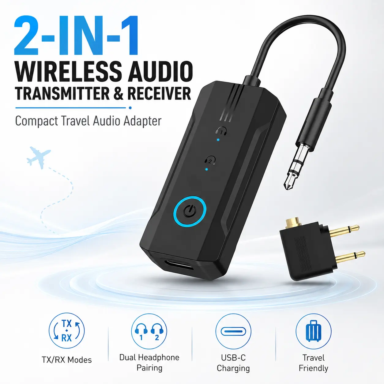 2-in-1 Wireless Audio Transmitter Receiver, 3.5mm AUX Airplane Travel Adapter for 2 Headphones, Low-Latency Dual Connection, 8H Rechargeable Audio Converter for Flight TV Car Gym Home Stereo, USB-C Charging, Compact Portable Travel Essential